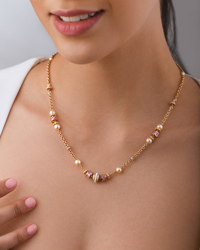 Pearl,Diamond and Pink sapphire necklace