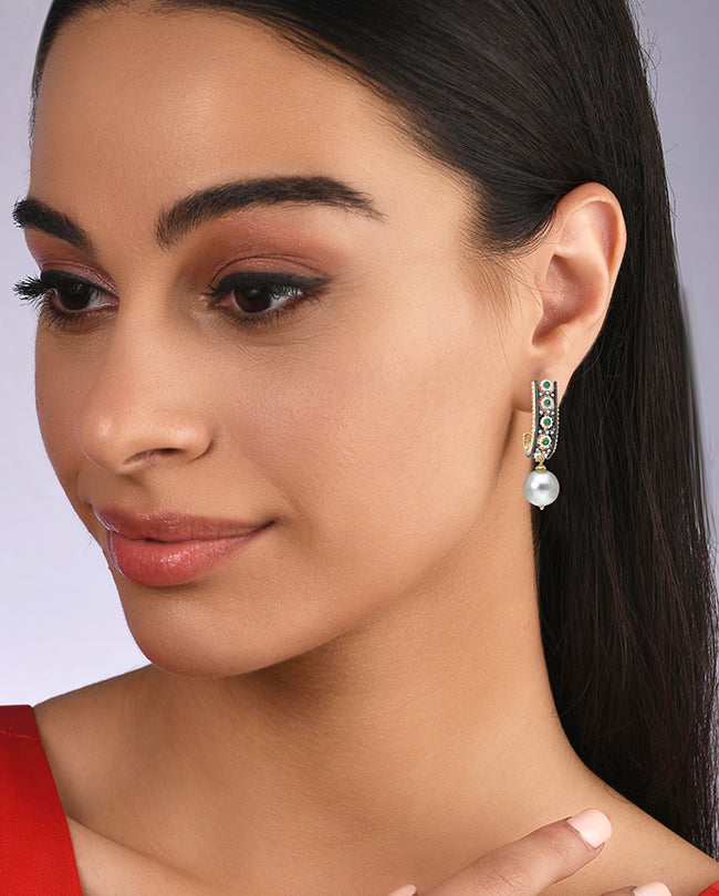 Pearl,Diamond and Emerald J hoop earrings