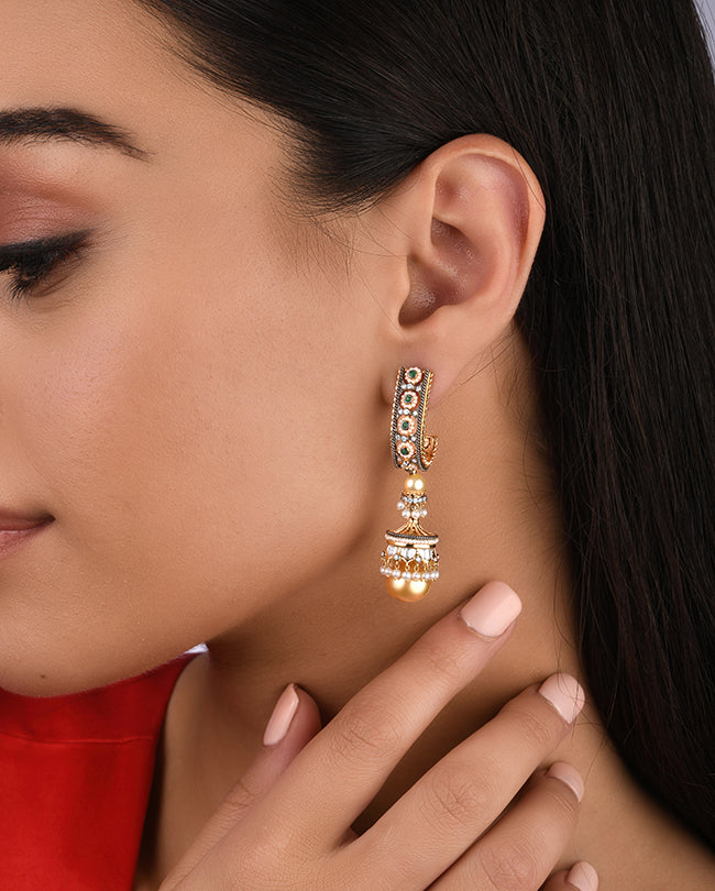 South sea pearl,Diamond and Emerald J hoop earrings