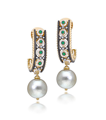 Pearl,Diamond and Emerald J hoop earrings