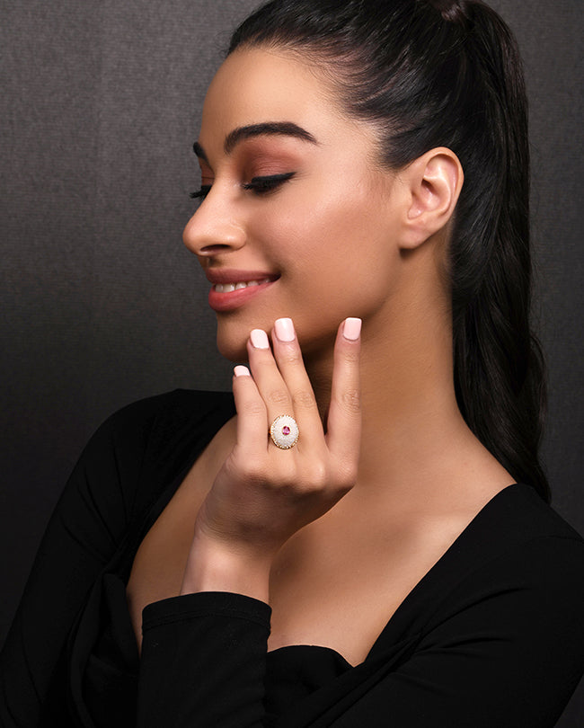 Pearl, Diamond and Pink sapphire ring