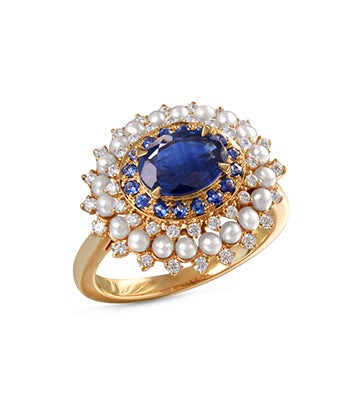 Pearl,Diamond and Blue sapphire ring