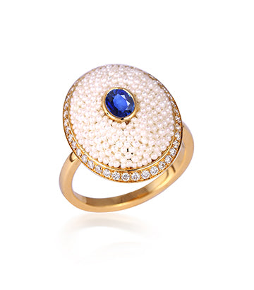 Pearl, Diamond and Blue sapphire ring