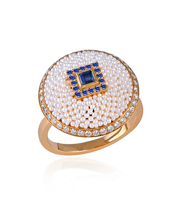 Pearl, Diamond and Blue sapphire ring