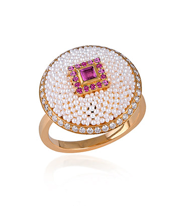 Pearl, Diamond and Pink sapphire ring