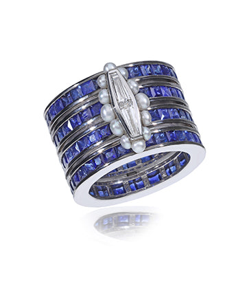 Pearl,Diamond and Blue sapphire ring