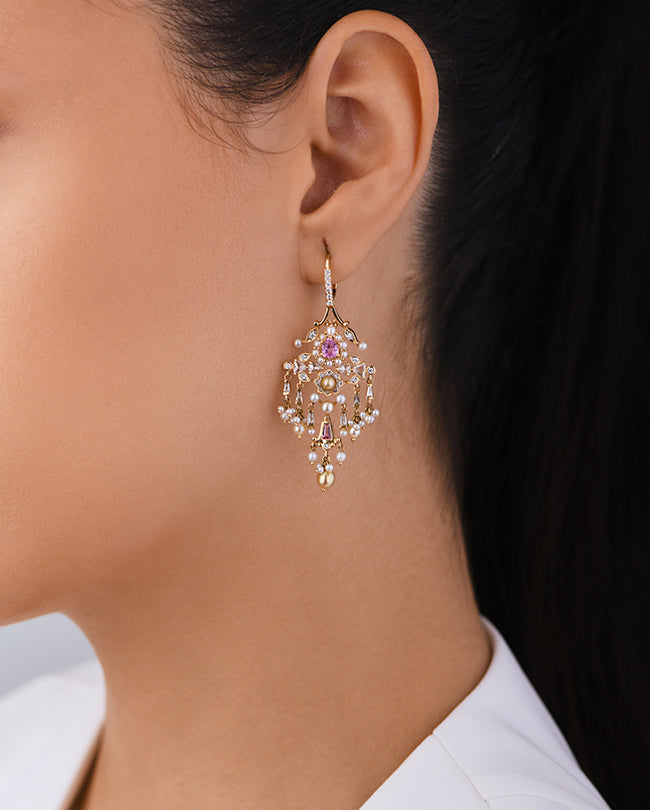 Pearl,Diamond and pink sapphire earrings