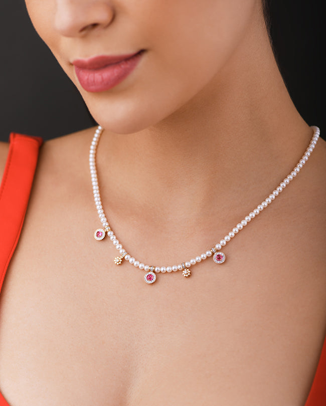 Pearl,Diamond and Pink sapphire necklace