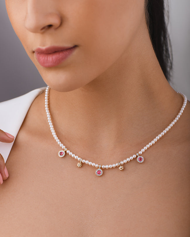 Pearl,Diamond and Pink sapphire necklace