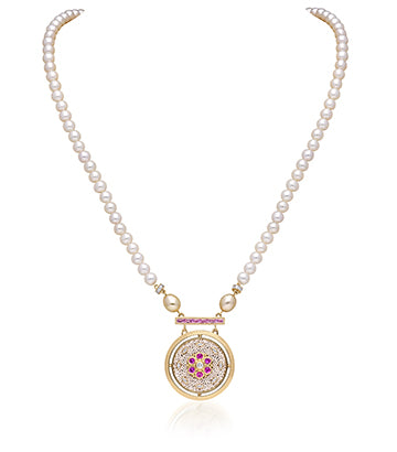 Pearl,Diamond and Pink sapphire necklace