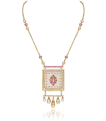 Pearl,Diamond and Pink sapphire necklace