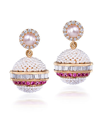 Pearl, Diamond and Pink sapphire earrings